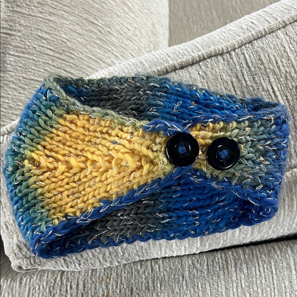 Blue and Gray Knit Headband with Flower Accent - Picture 2 of 2